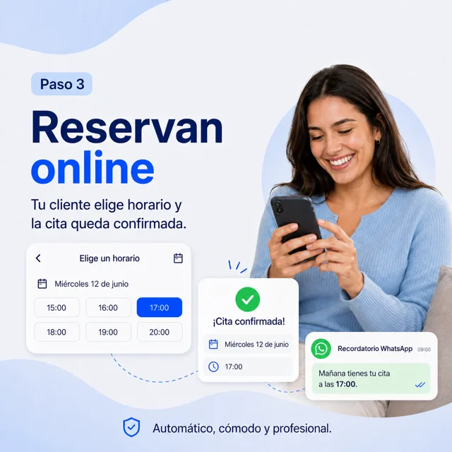Paso 3: el cliente elige horario y reserva online, cita confirmada